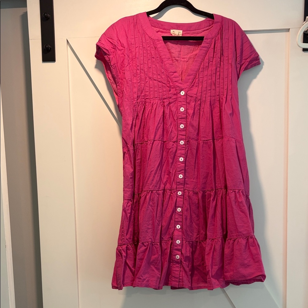 Bright Pink Button-Front Tiered Tunic Dress